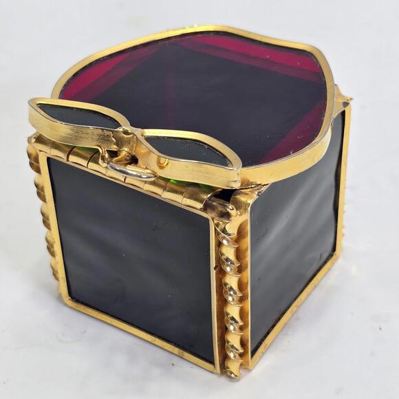 Stained Glass Apple Trinket Box with Gold Trim and Hinged Lid Vintage Decor - Picture 4 of 14